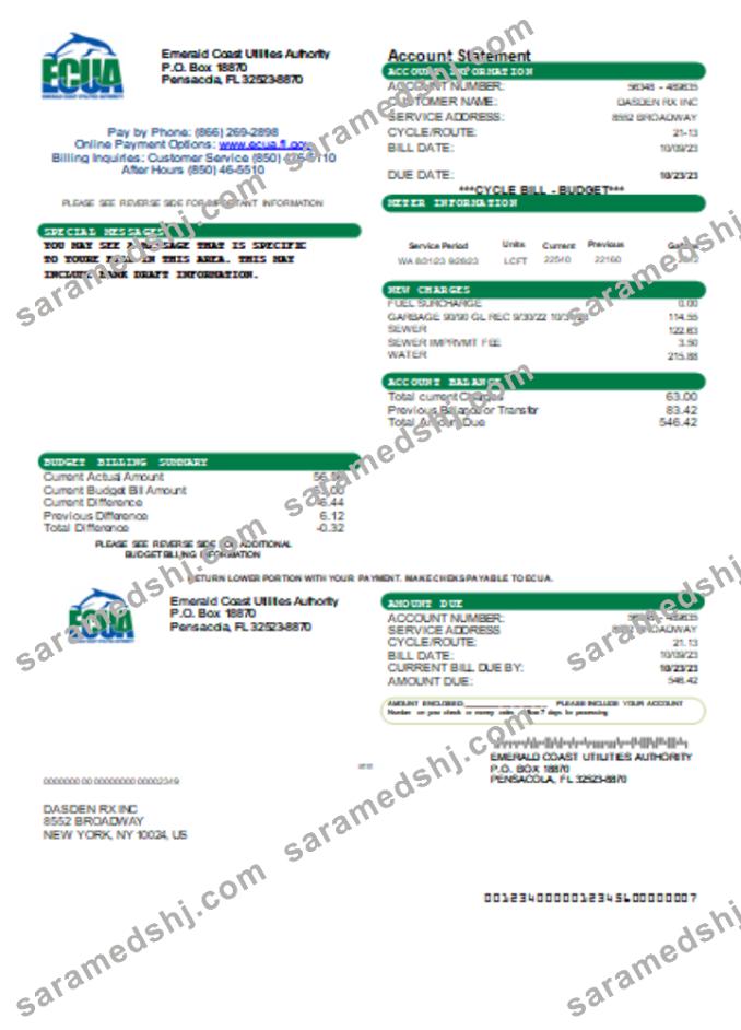 Emerald Coast Utilities Authority (ECUA) utility business bill, SCR